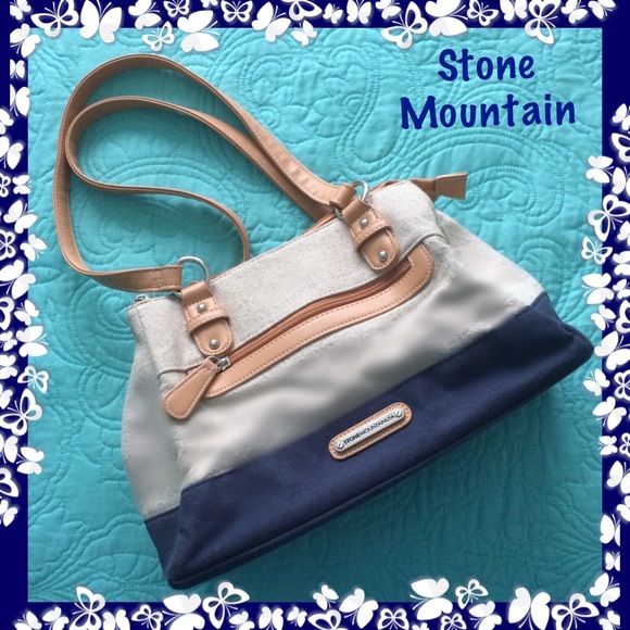 Stone Mountain Accessories Handbags - Stone Mountain Navy Beige Canvas Faux Leather Bag